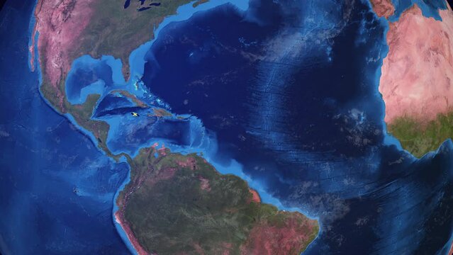 Realistic 3D Animation of Earth zooming in to  Jamaica with its border highlighted with its National Flag in 4K