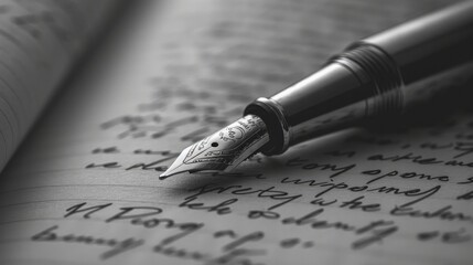 Monochrome Aesthetic: A black and white image of a fountain pen on a monochrome written page, emphasizing the contrast between light and dark tones for a minimalist yet striking visual. Generative AI - obrazy, fototapety, plakaty