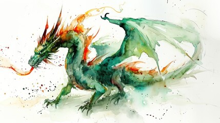 Obraz premium Watercolor drawing of dragon over white background.