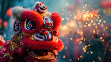 Lion dance in street with firecrackers as the traditional Chinese folk event activities during Chinese lunar new year celebration.