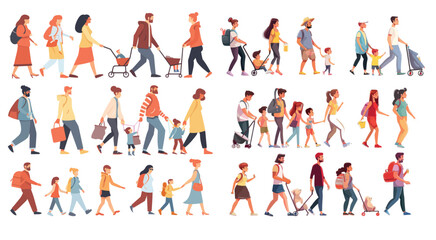 Parents and kids walk together outdoors in this cute modern illustration set of a family walking outdoors.