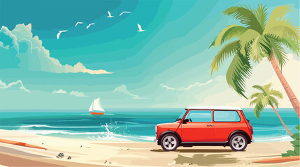 traveling by mini car on Summer Beach Vector style 