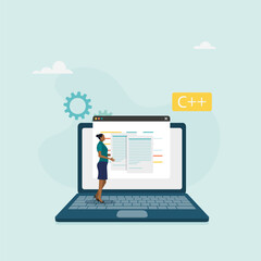 Software development concept. A woman creates applications and programs, tests code, works in the IT industry. Vector illustration.