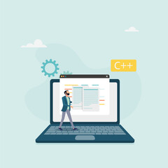 Software development concept. A man creates applications and programs, tests code, works in the IT industry. Vector illustration.