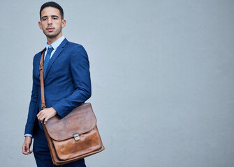 Thinking, business and man with bag, professional and corporate intern on grey studio background....