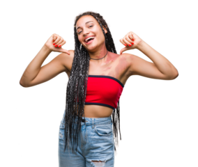 Young braided hair african american with pigmentation blemish birth mark over isolated background looking confident with smile on face, pointing oneself with fingers proud and happy.