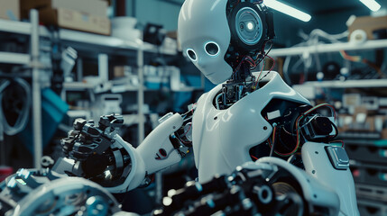 Fototapeta premium A blue robot is sitting at a desk with a computer. The robot is wearing a blue suit and has a blue face. The robot appears to be working on a computer, possibly typing or using a mouse