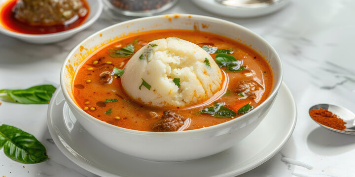 Fufu and Egusi Soup on a white marble table, Ghanaian and Nigerian delicacy, Soft pounded yam with melon seed soup.