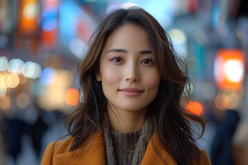 Obraz premium A young female model is smiling subtly against a blurred backdrop of city lights, providing a vibrant urban atmosphere