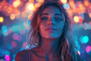 A young woman with sparkling glitter makeup is illuminated by vibrant neon lights, creating a dreamy atmosphere