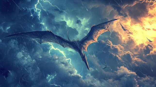 Flying dinosaur, Pterodactyl, flying in thunderstorm. Photorealistic.