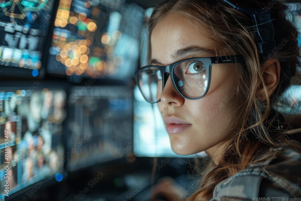 Poster a highly concentrated professional woman operates sophisticated technology with multiple screens dis