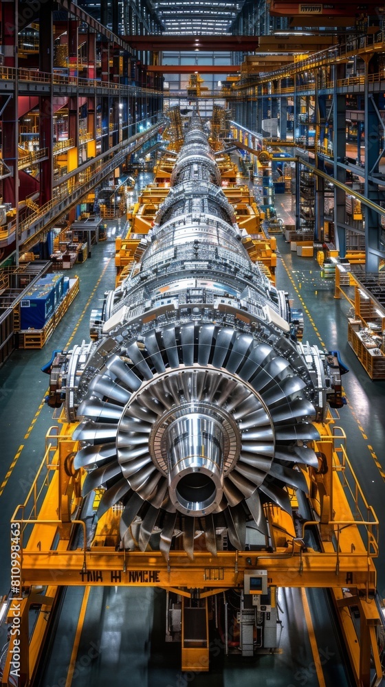 Poster a large machine with a long silver tube is in a factory. the machine is in the middle of the factory