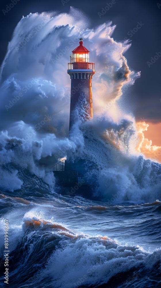 Poster a lighthouse is in the middle of a huge wave. the water is crashing against the rocks and the lighth