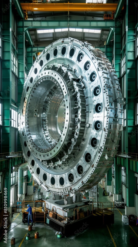 Poster a large, metallic object with many holes is in a factory. the object is surrounded by a fence and a 