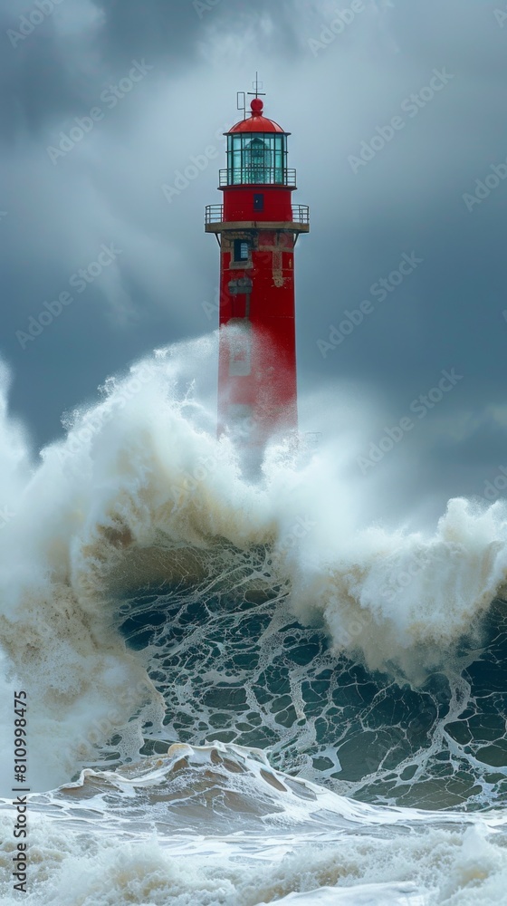 Poster a red lighthouse is in the middle of a huge wave. the wave is crashing against the lighthouse, and t