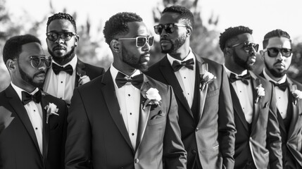 The groom and his groomsmen looking sharp and stylish strike a pose outdoors