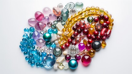 Shiny gemstones and beads forming a stunning collection of colorful jewelry against a plain white backdrop.