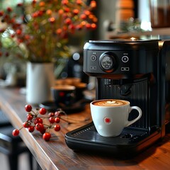 Modern coffee machine with a cup of latte on a wooden countertop in the kitchen.