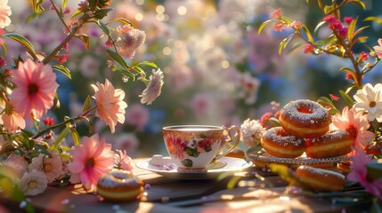 Savor a quintessential English tea break amidst a picturesque scene of flowers and donuts basking in the warm sunlight