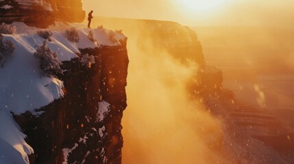 A rock climber climb a cliff in Grand Canyon with snow in winter.