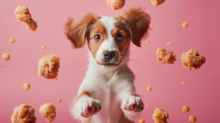 Dog jumping surrounded by floating fried chicken against pink pastel wall background