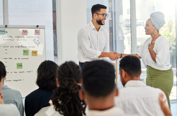 Handshake, presentation and whiteboard with business partnership in office together for award ceremony. Smile, thank you or welcome with employee man and woman shaking hands for workshop introduction