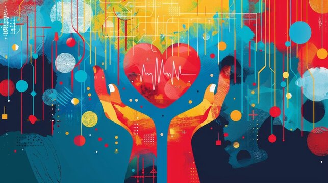 World Health Day banner, Abstract Healthcare Heart and Data Visuals for health equity and access to healthcare.