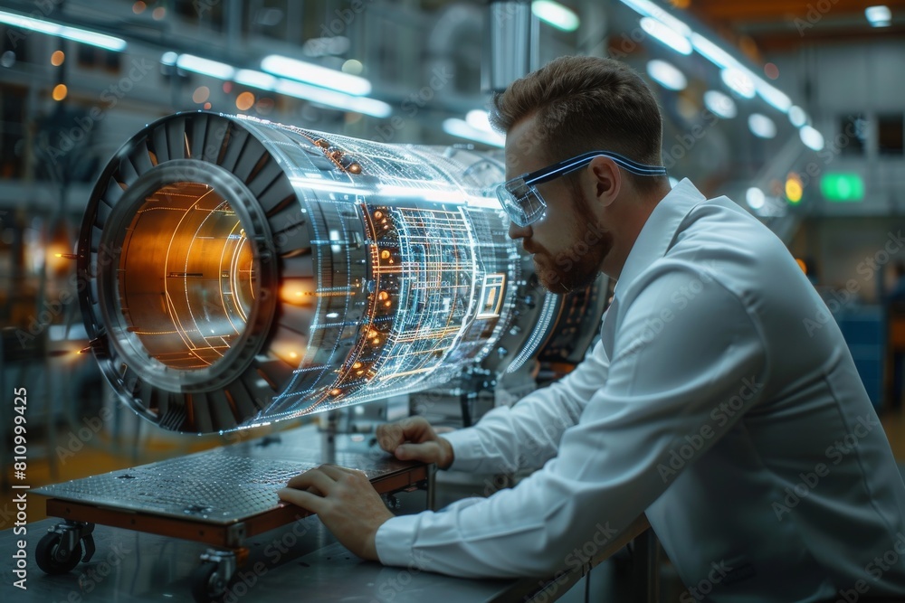 Poster engineer with blurred face is inspecting a futuristic holographic projection of a jet engine in a mo