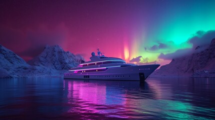 Cruise ship rest in sea water with snow mountain and beautiful aurora northern lights in night sky in winter.