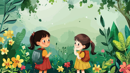 Two asian little girls with in nature Vector style vector