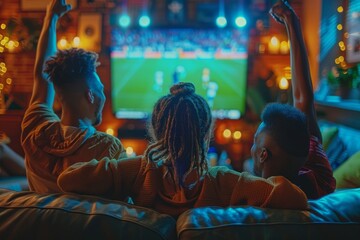 Three enthusiastic friends are enjoying a football game on television from home