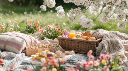 Family picnic set with dessert and hot tea placed surrounded with cheery blossom blooming at garden in spring season. Food and sweet on picnic blanket and prepare for spending time together. AIG42.