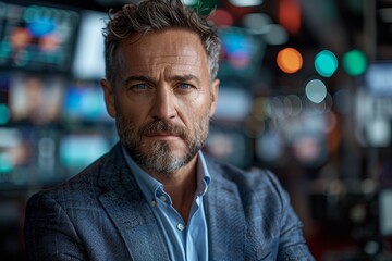 Obraz premium A sophisticated mature man with grey hair and beard poses confidently with a blurred background of screens