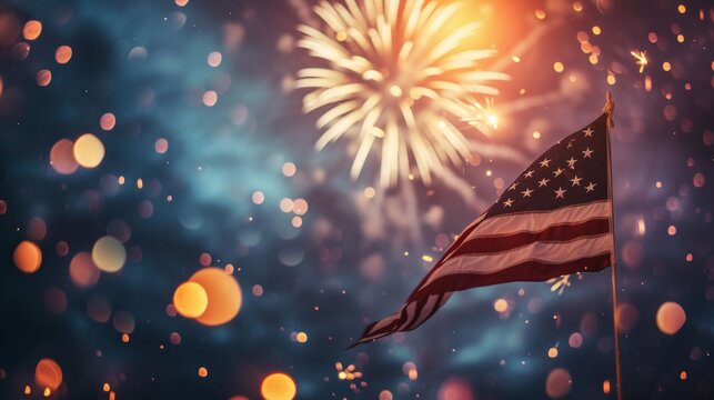 US national flag and fireworks show in celebration