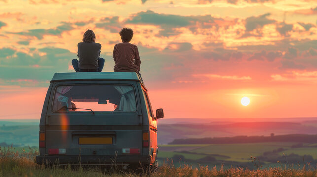 Young friends sitting on mini van camper rooftop while enjoying the sunset in nature with beautiful landscape - Travel vacation concept - Models by AI generative
