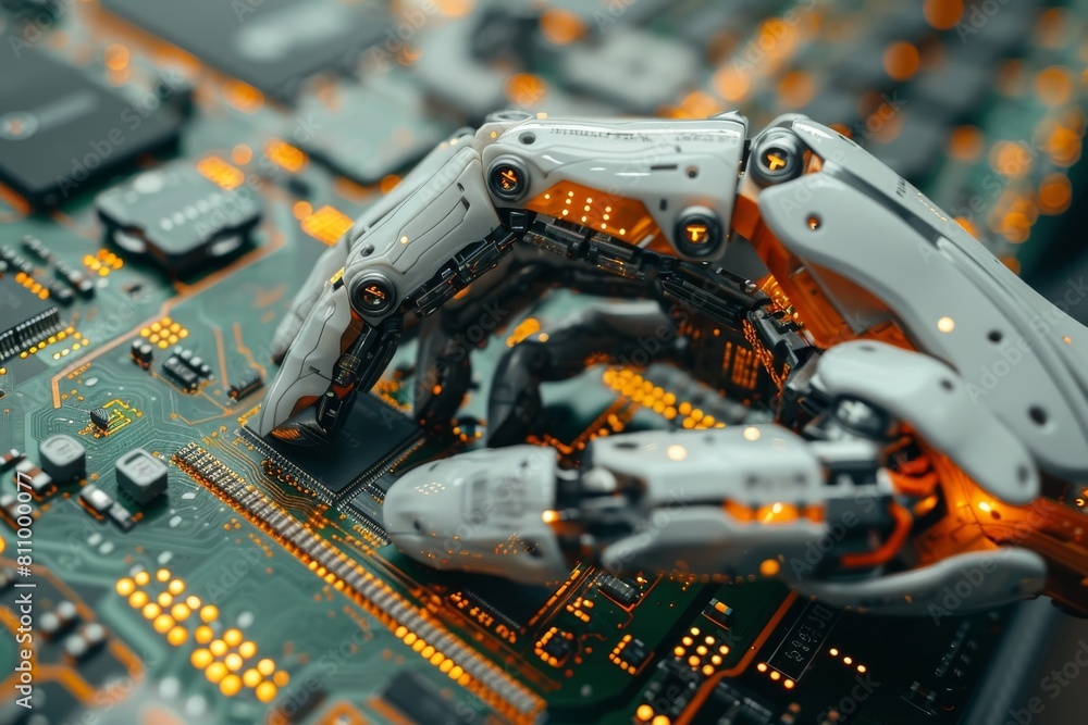 Poster an intricate image showcasing a robotic arm with complex machinery conducting precise repairs or wor