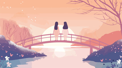 two Daughters standing on a bridge Vector style 