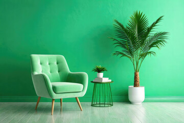 Green color living room empty a green single chair and a beautiful lush green palm tree background