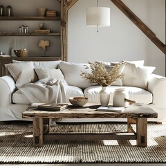 Illustrate the warmth of home with a cozy living room scene featuring a comfortable white sofa and a rustic wooden coffee table