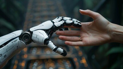 A human hand gently touching the fingers of a highly sophisticated robotic hand. 