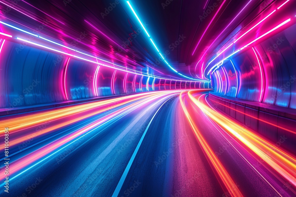 Poster a tunnel filled with numerous neon lights glowing in various vibrant colors creating a mesmerizing v