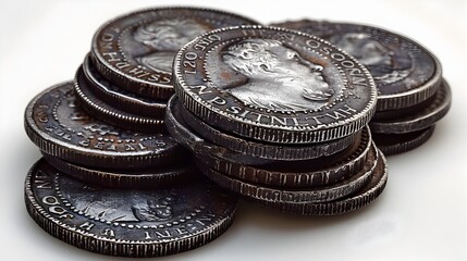 Tarnished Silver Coins Radiating Wealth and History on a Pristine White Background - obrazy, fototapety, plakaty