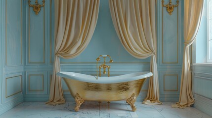 luxurious bathroom interior design concept featuring a vintage bathtub with golden legs and elegant drapes for a touch of elegance