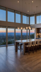 Modern elegance, seamless living, dining, and kitchen with panoramic views.