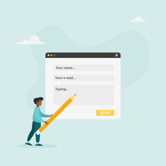 The man fills out the online contact form and writes his comment with his experience. Feedback page concept. Customer satisfaction. Vector illustration.
