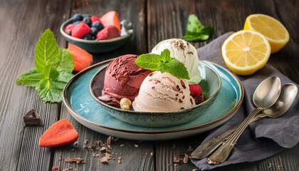 Plusieurs boules de glace de différentes saveurs servies dans une assiette