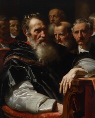 Galileos Trial  Baroque Painting A dramatic Baroque painting depicting Galileo defending his scientific discoveries before the Inquisition, with dark shadows and emotional expressions