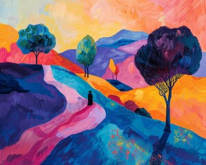 Folk Music  Fauvism A landscape painting with bold, unnatural colors depicting a folk singer performing in nature, emphasizing the emotional impact of the music