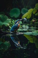 Beautiful kingfisher catching a fish, cinematic lighting